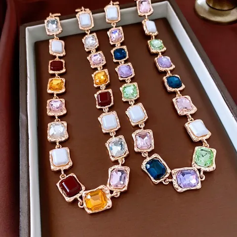 Vintage Multi Color Rectangular Rhinestone Necklace Gold Plated Alloy Palace Style Jewelry For Women Adjustable