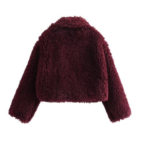 Women Winter Streetwear Faux Fur Jacket Wine Red Short Lapel Coat Warm Polyester Shaggy Outerwear Solid Color Casual Top