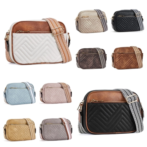 Dames Gewatteerde PU Leren Crossbodytas Retro Cameratas Met Brede Jacquard Riem En Ronde Portemonnee