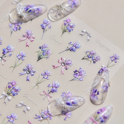 Purple Iris Flower Nail Art Stickers Relief Rhinestone Bowknot Self Adhesive Manicure Decals Decoration For Women Elegant