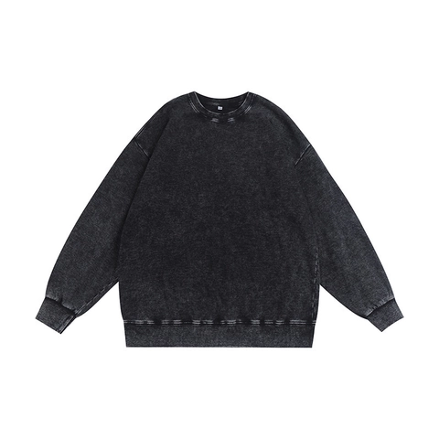 Men Sweatshirt Vintage Acid Wash Distressed Round Neck Drop Shoulder Cotton French Terry Oversized Streetwear
