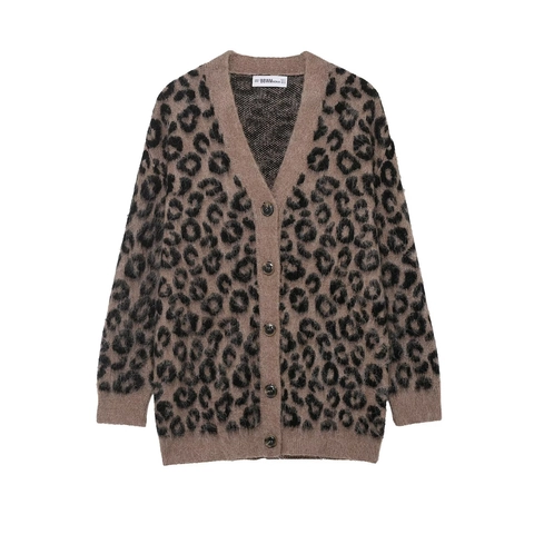 Cárdigan De Poliéster Para Mujer Con Estampado De Leopardo Cuello En V Abotonado Suelto Punto Esponjoso Retro Casual