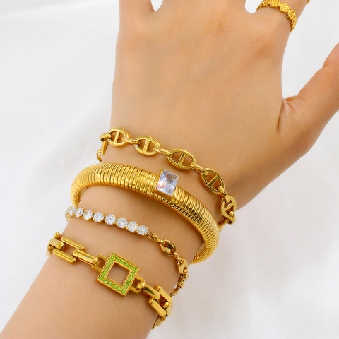 Stainless Steel Tubogas Elastic Bracelet With Rectangle Zircon Vacuum Plating Snake Chain Retro Jewelry For Women