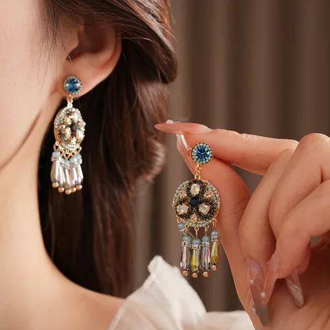 Bohemian Floral Tassel Dangle Earrings For Women Alloy Rhinestone Crystal Vintage Long Multi-Color Style