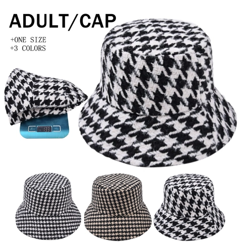 Houndstooth Bucket Hat Cotton Thick Warm Foldable Flat Top Vintage Elegant Winter Autumn Outdoor Cap For Women