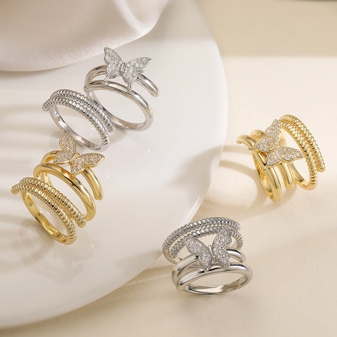 Butterfly Open Ring Copper Zircon Gold Plated Adjustable Multi Layer Fashion Jewelry For Women