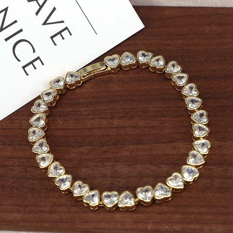 Bracciale Tennis In Zircone A Forma Di Cuore Rame Placcato Oro Per Donna Elegante Romantico Minimalista Gioielli Di Lusso