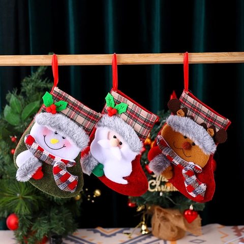 Calza di Natale in Peluche Cartone Animato Sacco Regalo Babbo Natale Pupazzo di Neve Renna Calzino Decorativo da Appendere per Casa Festa Addobbo Natalizio