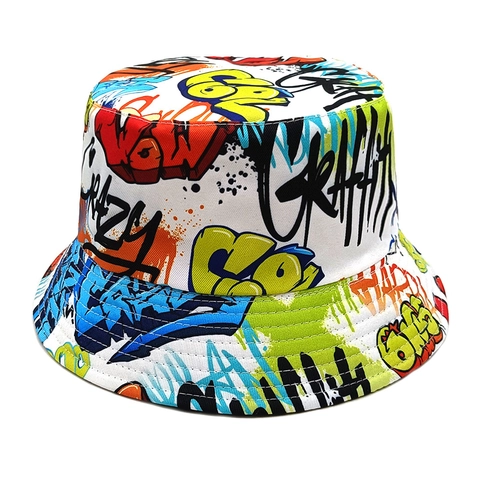 Graffiti Print Vissershoed Omkeerbaar Polyester Opvouwbaar Streetwear Zonbescherming Voor Heren Dames