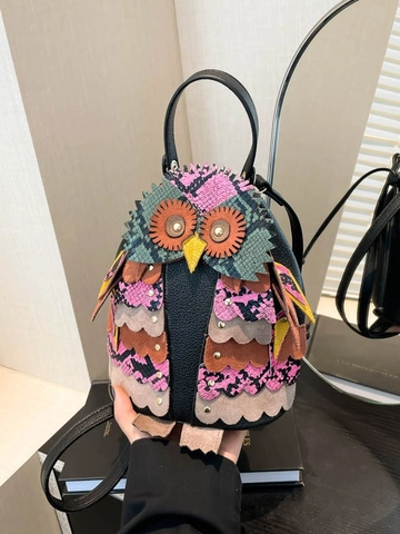 Neuheit Eule Geformte Beuteltasche Für Frauen Süße Tier Patchwork PU Leder Handtasche Mit Schlangenmuster Nieten