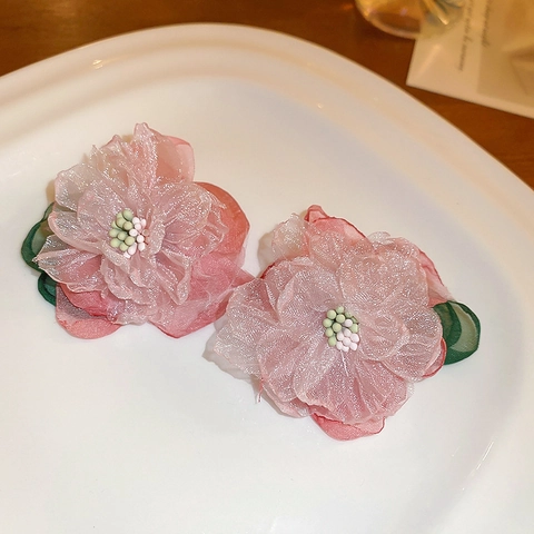 Boucles D'oreilles Puces Fleur En Dentelle Rose Surdimensionnées Avec Tige En Argent Style De Vacances Français Élégant Pour Femmes