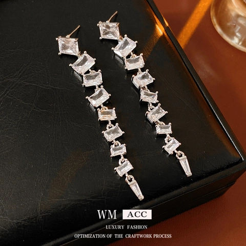 Square Zircon Long Tassel Earrings With Silver Earring Post Copper Geometric Fringe Dangle For Women
