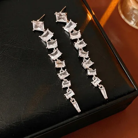 Quadratische Zirkonia Lange Quastenohrringe Mit Silbernem Ohrstecker Kupfer Geometrische Fransen Damen