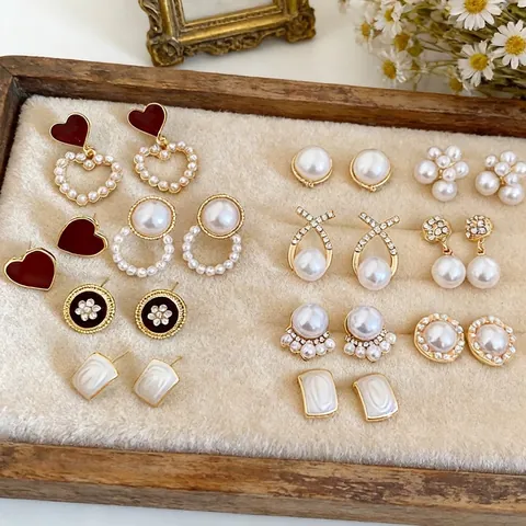 Pendientes Vintage Retro Franceses Para Mujer Con Accesorios De Aleación De Perlas Artificiales Y Diamantes De Imitación Con Poste De Plata