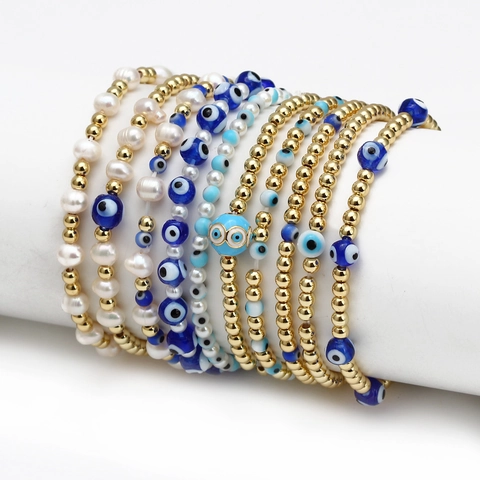 Turkish Evil Eye Beaded Bracelets Copper Gold Plated Artificial Pearl Stackable Bohemian Jewelry For Women Travel Gift