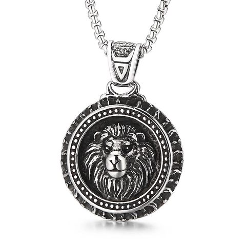Pendente Medaglia Rotonda In Acciaio Inossidabile Vintage Punk Leone Lupo Teschio Rilievo Gioielli Hip Hop Retrò Per Uomini
