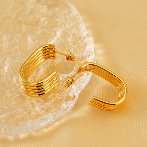 Multi Layer C-Förmige Ohrringe 18K Vergoldeter Edelstahl Geometrische Texturierte Chunky Hoop Schmuck Für Damen