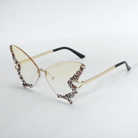 Exaggerated Rimless Butterfly Sunglasses For Women Trendy Gradient Ocean Lens Rhinestone Inlaid Metal Chain Temple Eyewear