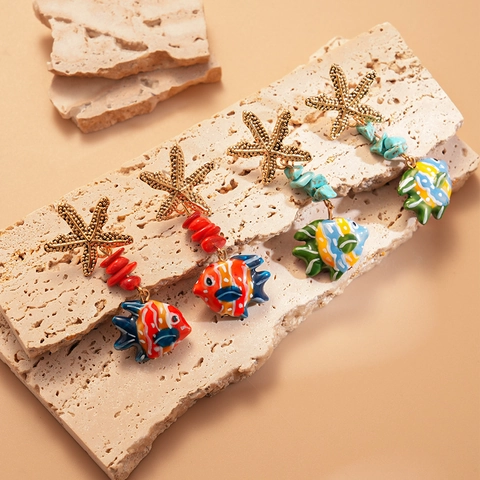 Starfish Tropical Fish Dangle Earrings Alloy Glass Beach Vacation Seaside Summer Style Jewelry With Earring Post For Women