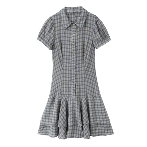 Plaid Mini Dress Short Sleeve Shirt Collar Tiered Ruffle Hem Button Down High Waist Polyester Preppy Style