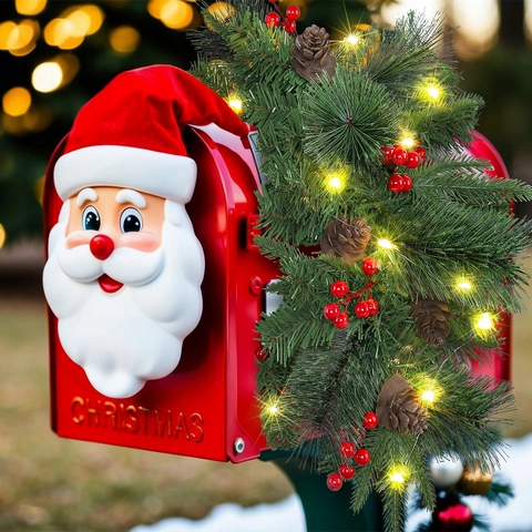 Weihnachts Briefkasten Girlande Swag Warme LED Lichter Zapfen Rote Beeren Künstliche Kiefer Nadel Urlaub Dekoration