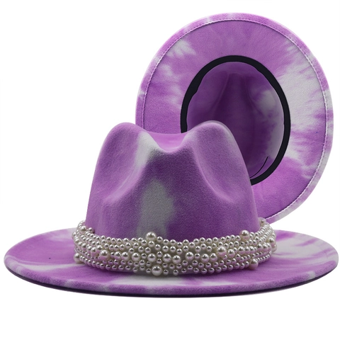 Sombrero Fedora Tie Dye Fieltro De Lana Ala Ancha Elegante Banda De Perlas Artificiales Vintage Jazz Gorra Para Mujeres Hombres Vacaciones Fiesta