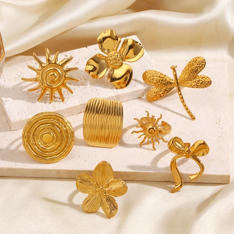 Stainless Steel Rings Gold Plated Flower Sun Dragonfly Bow Geometric Fashion Bohemian Jewelry For Women