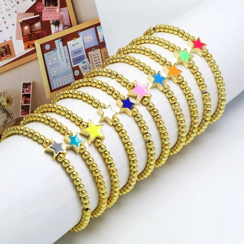 Gold Vergoldetes Kupfer Perlen Elastisches Armband Mit Buntem Emaille Stern Pentagramm Anhänger Für Damen Mode Schmuck