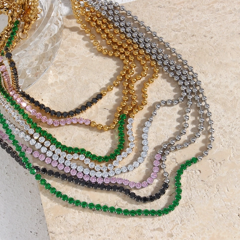 Lussuosa Collana in Acciaio Inossidabile Placcato Oro 18K Zirconia Giuntata Catena a Sfere Tennis Chain Gioielli Donna