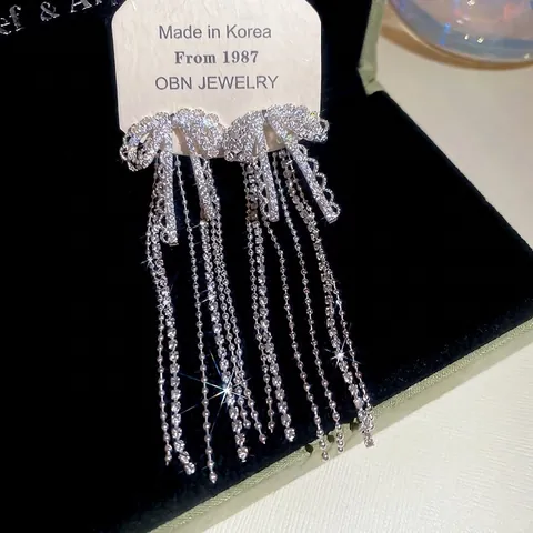 Elegant Bowknot Long Tassel Drop Earrings For Women Zircon Inlaid Copper With 925 Sterling Silver Earring Post Korean Style