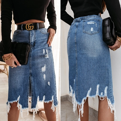 Gonna Di Jeans A Vita Alta Da Donna Strappata Lunghezza Media Orlo Irregolare Con Nappine Spacco Frontale Street Style