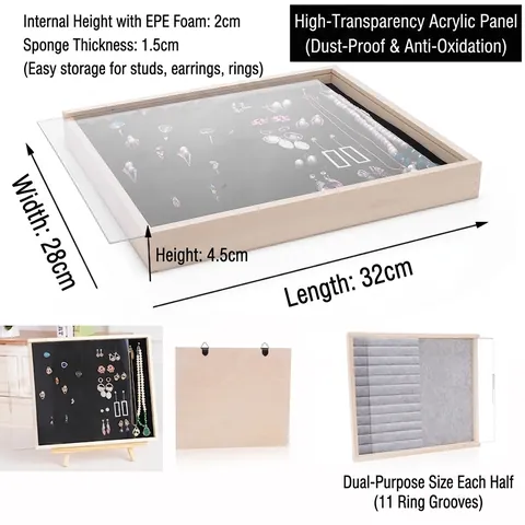 Solid Wood Jewelry Display Case Dustproof Acrylic Cover Wall Mounted Desktop Earring Ring Necklace Storage Box Velvet Lining