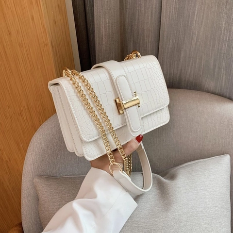 Damen Umhängetasche Umhängetasche PU Leder Krokodilmuster Goldene Kette Strap Retro Mode Quadratische Klappe Handtasche