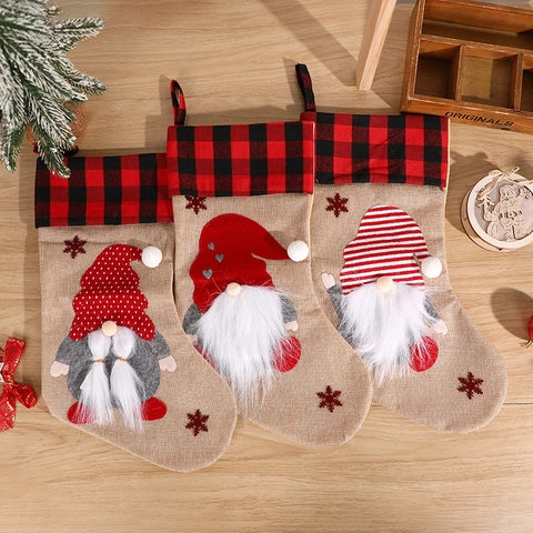 Christmas Stockings Linen Burlap Red Black Buffalo Plaid Gnome Faceless Old Man Hanging Decoration Gift Bags Holiday