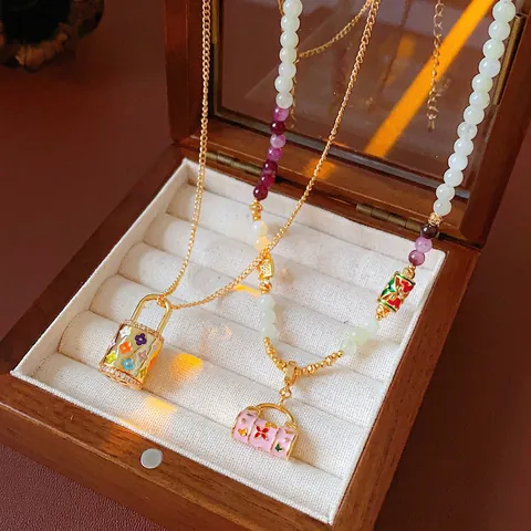 Collana Con Pendente Borsa E Lucchetto In Smalto Vintage Lega Catena Clavicola Perline Gioielli Eleganti Per Donna