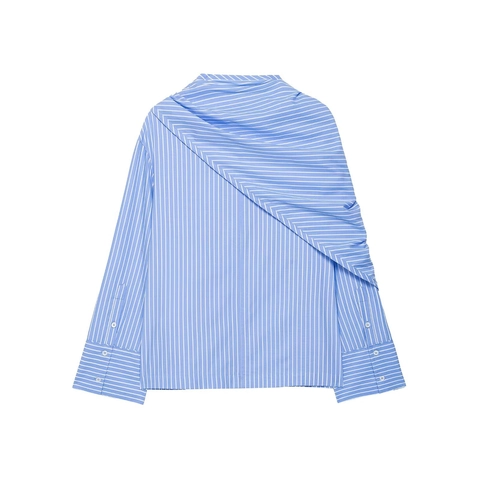 Women Striped Blouse Blue White Asymmetric Scarf Collar Knot Detail Long Sleeve Casual Chic Elegant Shirt