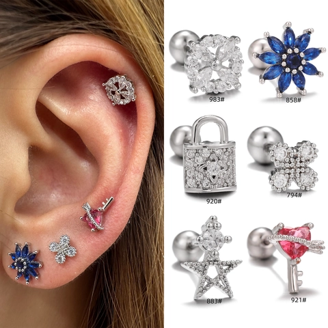 Copper Tragus Stud Earrings With Zircon Star Heart Flower Key For Women Cartilage Piercing Stainless Steel Earring Post