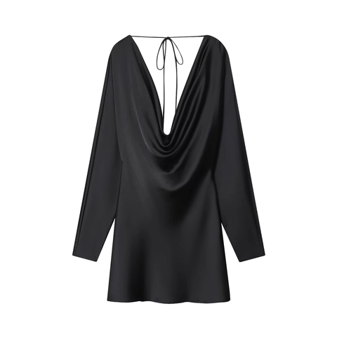 Women Satin Mini Dress Long Sleeve Cowl Neck Deep V Open Back With Tie Solid Color Elegant Party Clubwear Fashionable