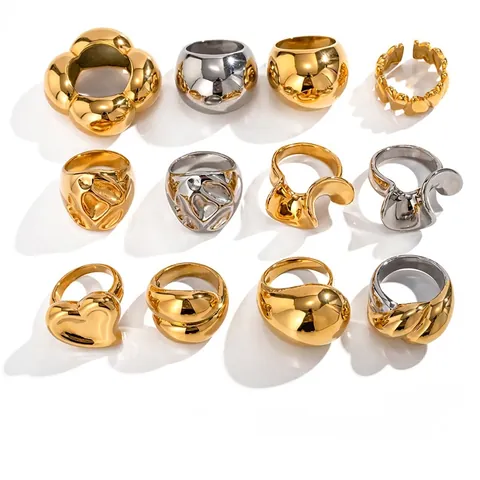 Anillos Gruesos Para Mujer Acero Inoxidable Chapado En Oro De 18K Textura De Lava Geométrica Irregular Joyería Minimalista