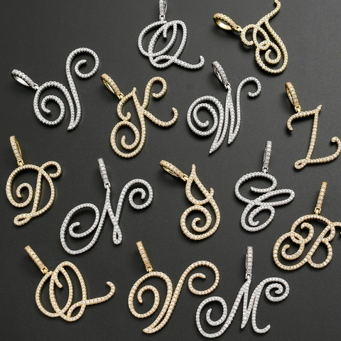 Hip Hop 18K Gold Plated Copper Flower Script Alphabet Pendant Necklace Iced Out Zirconia Initial Letter Jewelry For Men Women