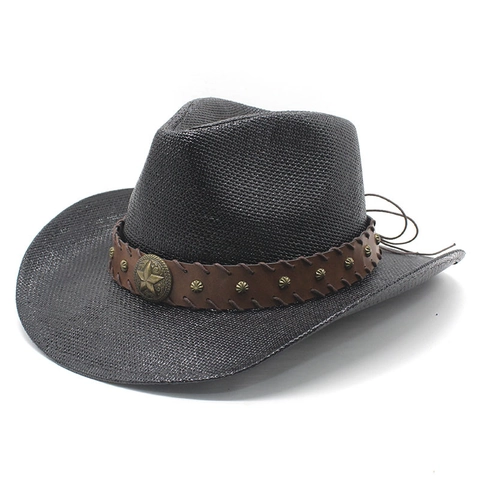 Western Cowboy Hat Retro Straw Woven Wide Brim Sun Protection With Faux Leather Band Metal Star Badge Rivets
