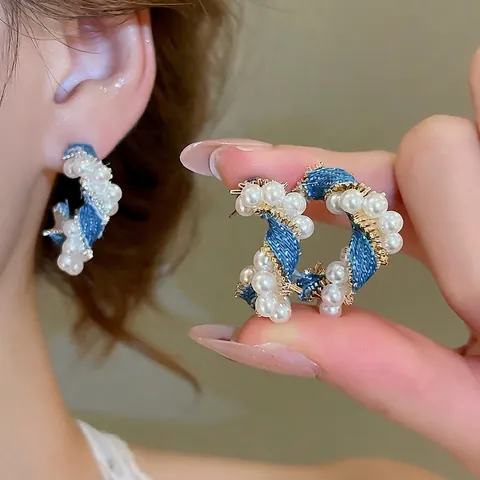 C-Shape Denim Fabric Hoop Earrings With Faux Artificial Pearl And 925 Sterling Silver Earring Post Vintage French Style For Women