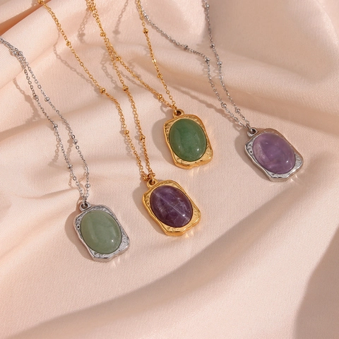 Collana Con Pendente In Pietra Naturale Ovale Acciaio Inossidabile Texture Martellata Vintage Catena A Sfere Gioielli Da Donna