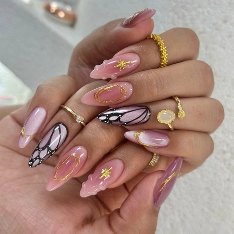 Butterfly Press On Nagels 3D Cat Eye Roze Paars Verloop Amandelvorm Handgeschilderd Lange Kunstnagels Dames