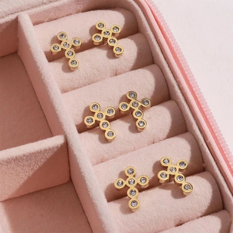 Retro Kreuz Ohrstecker Vergoldeter Edelstahl Mit Strass Elegantes Geometrisches Design Für Damen