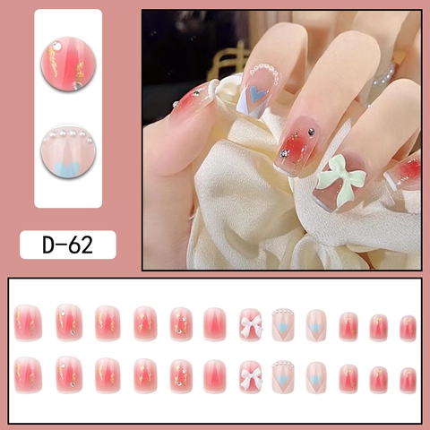 Faux Ongles Courts Carrés Dégradé Rose Nœud 3D Künstliche Perle Artificielle Décoration Strass Couverture Complète
