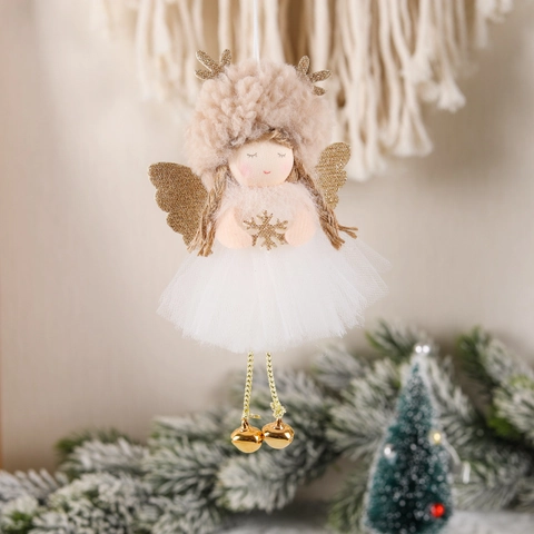 Christmas Angel Doll Hanging Ornaments Tulle Skirt Antlers Sequin Wings Bells Festive Tree Decoration Plush Fairy Pendant