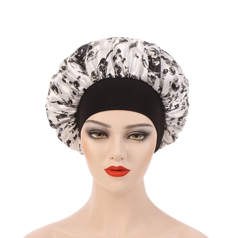 Women Satin Sleep Cap Ink Floral Print Elastic Wide Band Polyester Hair Care Bonnet For Sleeping Bathing Home Hair Wrap