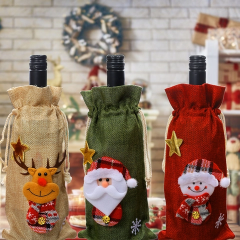 Copribottiglie Di Vino Di Natale Sacchetti Coulisse In Lino Di Juta Babbo Natale Pupazzo Di Neve Renna Arredo Tavola