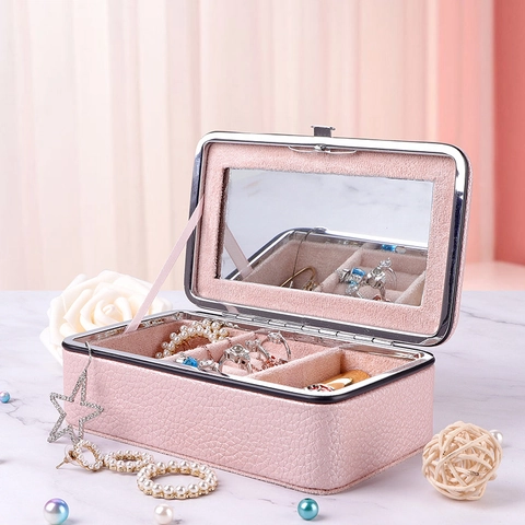 Jewelry Box Portable PU Leather Litchi Pattern Jewelry Organizer Case With Mirror Multi Compartment Travel Case For Women